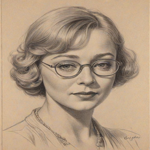 Resplendent Glynis Johns, pencil sketch, portrait of Splendid woman 1922s in glasses, hair style beatnik, outline, clear lines, fine lines, 8k