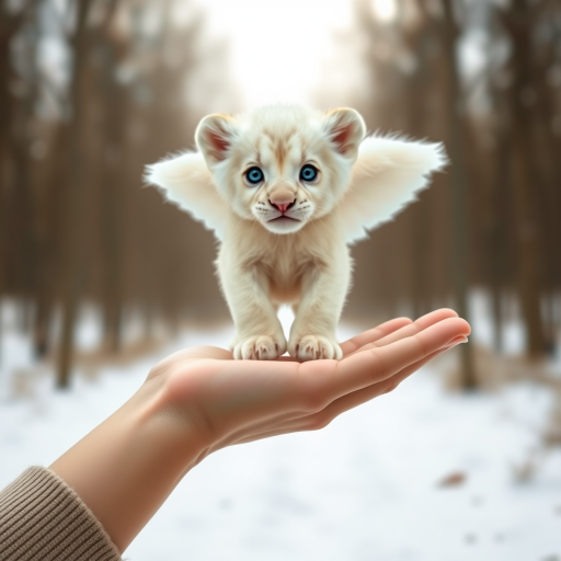 A small, white lion cub with angelic wings standing on a human hand. The cub has a soft, fluffy texture with detailed fur, expressive blue eyes, and a curious expression. The wings are large and feathery, blending seamlessly with its fur, giving an ethereal appearance. The background is a winter forest, with the ground covered in snow and blurred brown trees, creating a serene atmosphere. The human hand in the foreground is positioned palm-up, supporting the lion cub gently, fingers slightly curled. The lighting is soft and diffused, enhancing the tender and magical feel of the scene. Colors are predominantly neutral with white, cream, and soft browns, contrasting with the subtle blue of the lion cub's eyes. The overall composition is balanced, with the cub at the center, creating a focal point that draws the viewer's attention immediately.