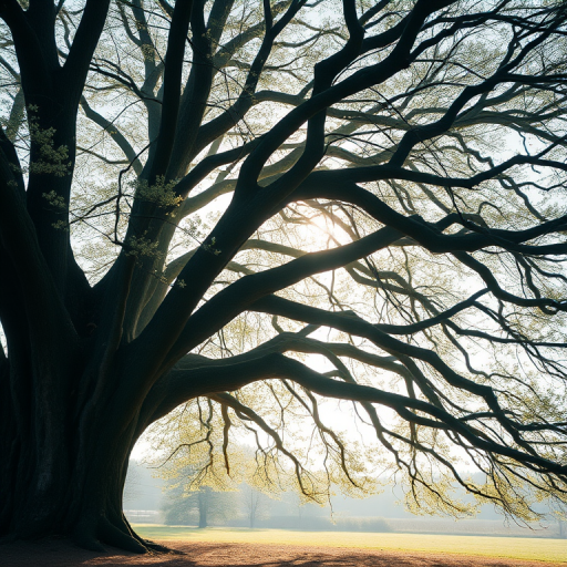 Create a serene landscape featuring a large, majestic tree with delicate leaves and soft light filtering through the branches, captured in soft focus with a Canon EOS 5D Mark IV, 50mm lens, f/1.8 aperture, ISO 100, shot from a low angle to emphasize the tree's height and create an ethereal atmosphere.