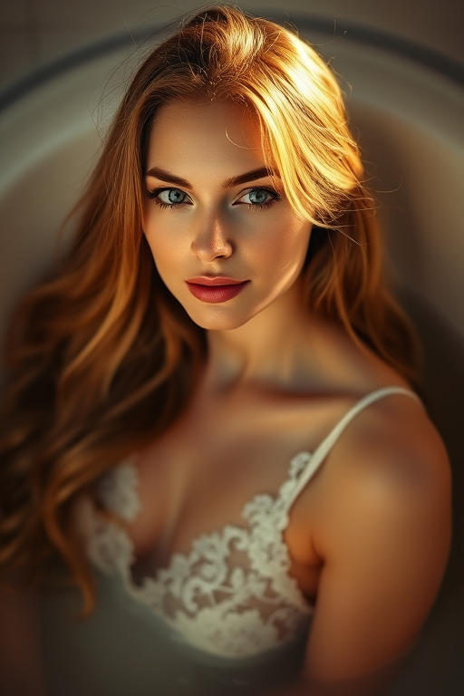 Portrait of a serene woman in a bath surrounded by soft golden light, capturing intricate details of her flowing hair and delicate lace, using a Canon EOS R5 with a 50mm f/1.2 lens, aperture set at f/1.2 for shallow depth of field, ISO 100, shutter speed 1/200s, natural soft lighting.