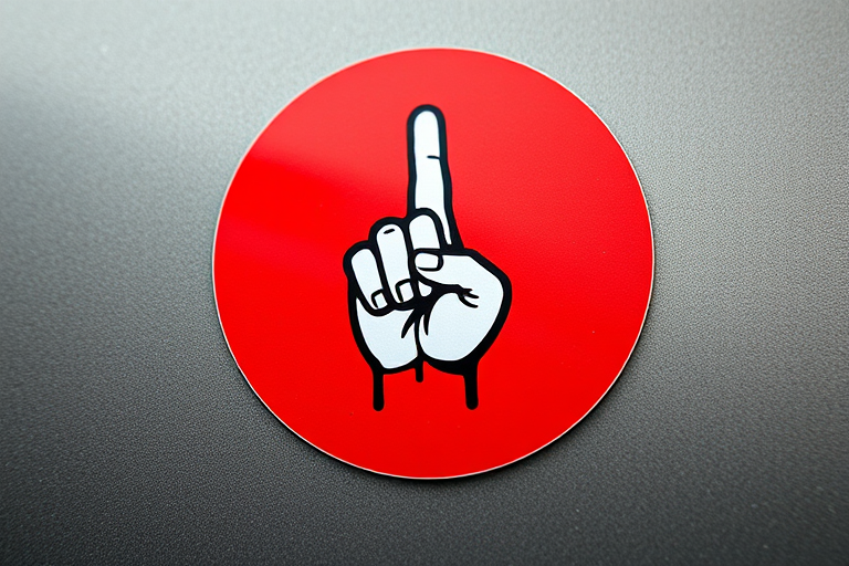 Create a high-resolution image of a red circular sticker with a raised finger graphic in the center, using a 50mm lens, f/2.8 aperture, ISO 100, and a shallow depth of field for enhanced clarity and focus, shot from a slightly elevated angle to emphasize the design.