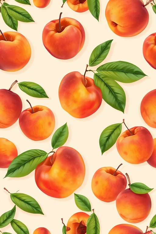 Create a seamless repeating pattern of colorful peaches and apricots with green leaves on a soft beige background, 35mm lens, f/8 aperture, ISO 200, natural lighting, top-down view, digital illustration style.