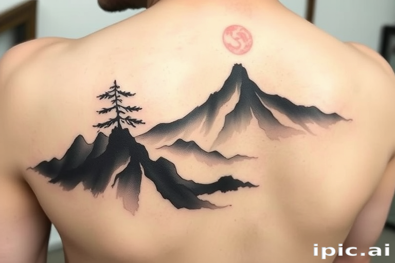 Serene "Zen Brush Stroke" tattoo concept inspired by traditional Japanese sumi-e painting, featuring fluid, expressive black ink strokes that capture the essence of natural forms such as mountains, trees, or waves, with subtle touches of pale blue or soft pink watercolor adding depth and tranquility to the composition, ideal for those seeking a tattoo that embodies mindfulness and harmony
