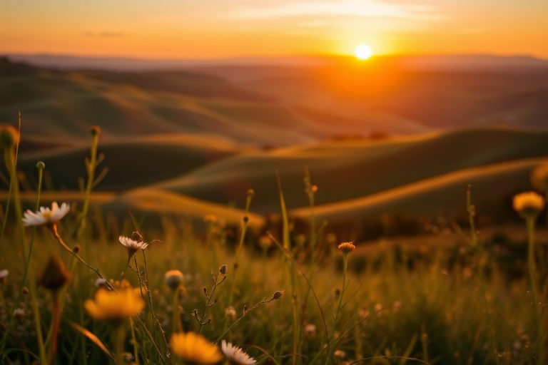generate a high-resolution landscape image of rolling hills at sunset with a golden hue, capturing depth with foreground wildflowers, using a DSLR camera with a 50mm lens, aperture f/1.8, ISO 200, shutter speed 1/250s, taken from a low angle to emphasize the foreground, with soft bokeh in the background for enhanced detail.