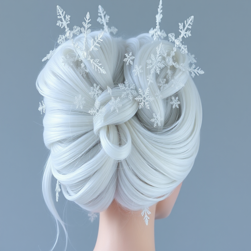 Icy white hair with subtle hints of pale blue, styled in a sculptural avant-garde updo resembling delicate snowflakes and icicles, creating a winter wonderland effect called Frost Monarch