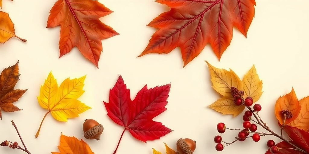 Create a high-resolution illustration of various autumn leaves including a yellow leaf, red leaf, brown leaf, acorns, and berries on a soft beige background, captured in a flat lay style using a DSLR camera at f/2.8 aperture, 50mm lens, ISO 100, and natural lighting for enhanced details and vibrant colors.