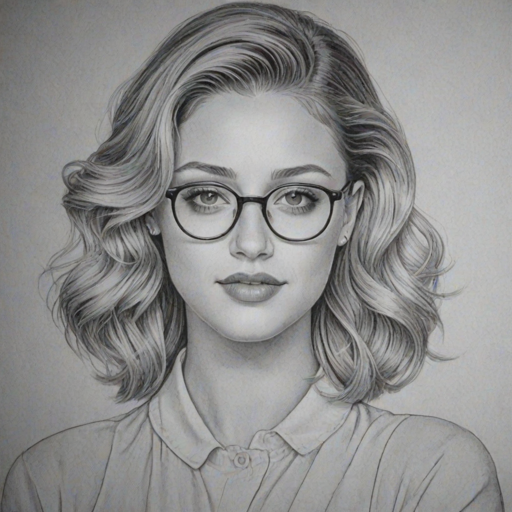 Gorgeous Lili Reinhart, pencil sketch, portrait of Ravishing woman 1961s in glasses, hair style beatnik, outline, clear lines, fine lines, 8k
