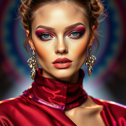 Runway capture, a beautiful model, vibrant colors, metallic textures, high fashion editorial , a 100mm macro lens to get extreme close-ups of intricate details like fabric stitching, accessories, or makeup artistry