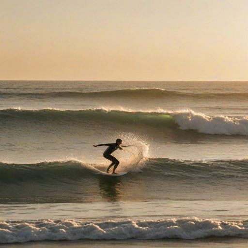 Blurry action shot of a surfer catching a wave at sunrise, soft golden light illuminating the crest of the wave, with the ocean horizon softly blurred in the distance.