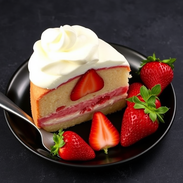 A slice of strawberry cake on a black plate topped with whipped cream and fresh strawberries next to it, with a silver fork on the side, showcasing a dark textured background.