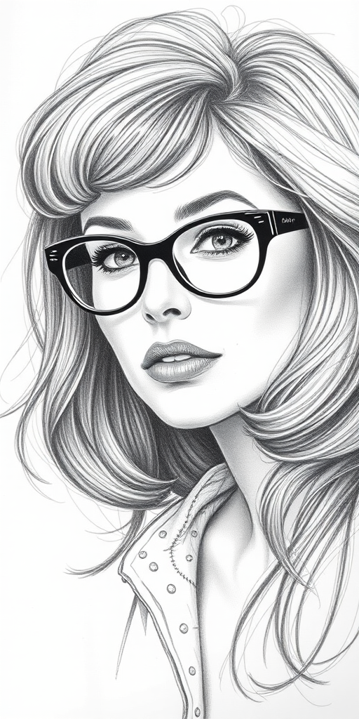 Beautiful Sigourney Weaver, pencil sketch, portrait of beautiful woman 60s in glasses, hair style beatnik, outline, clear lines, fine lines, 8k