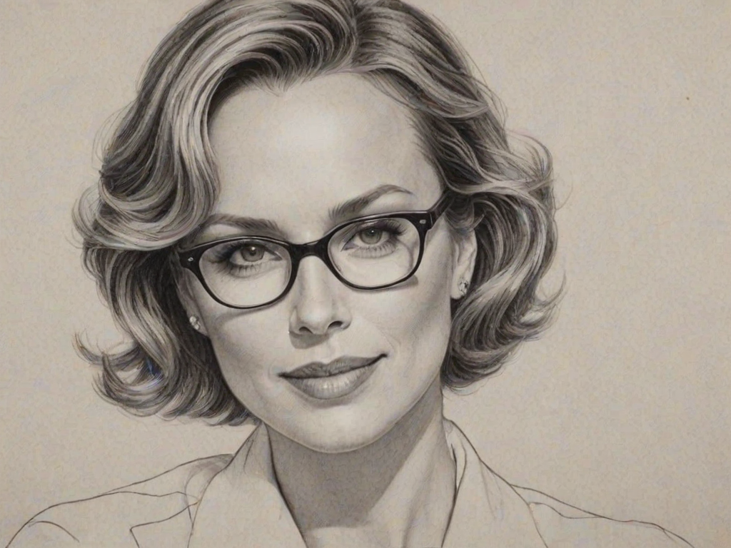 Enticing Melora Hardin, pencil sketch, portrait of Graceful woman 1944s in glasses, hair style beatnik, outline, clear lines, fine lines, 8k