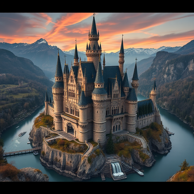fantasy castle with intricate architecture surrounded by a river and mountains, shot with a Canon EOS R5, 24mm lens, f/8 aperture, ISO 100, HDR style, aerial view, vibrant colors, high detail