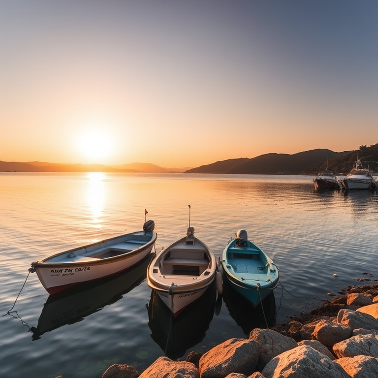 Regenerate a serene coastal scene with three boats docked in a calm bay during golden hour, capturing the warm, soft light reflecting on the water; use a DSLR camera, aperture f/8, ISO 100, shutter speed 1/250 sec, 35mm lens for a wide angle view.