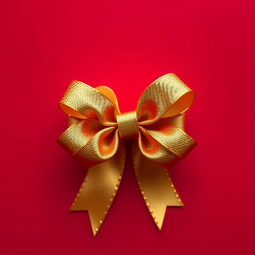Create a high-resolution image of a golden gift bow centered on a red background, using a DSLR camera with a 50mm lens, aperture set to f/2.8 for a soft background, ISO 100 for clarity, and a shallow depth of field to emphasize the texture of the bow.