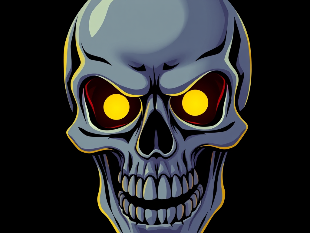 Create a highly detailed illustration of a cartoonish skull with glowing yellow eyes, focusing on bold colors and smooth lines, using a DSLR camera at f/2.8 aperture, 50mm lens for close-up view, soft focus style, capturing vibrant contrast and sharp details.
