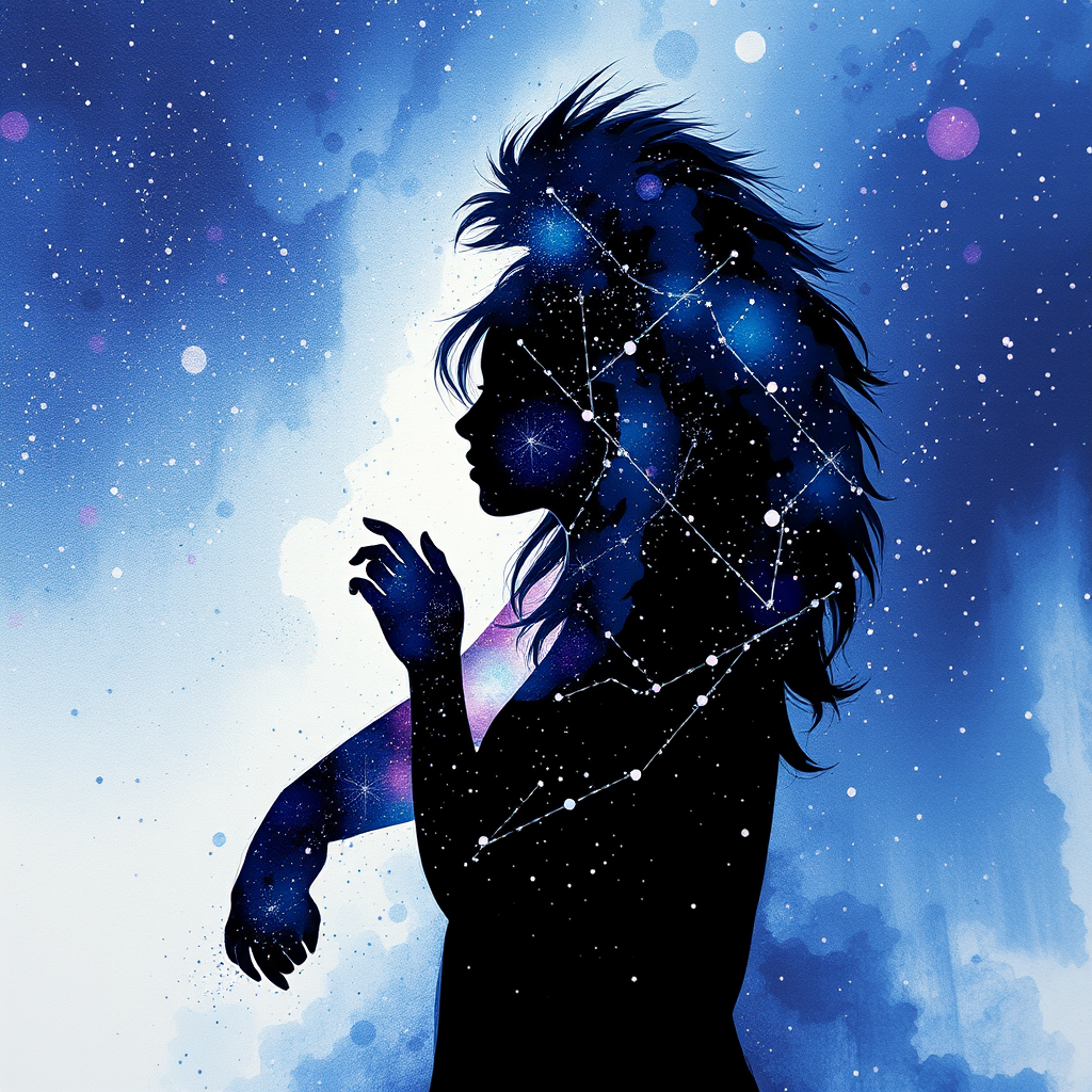 Captivating conceptual render alcohol ink art, double exposure, the paint strokes artfully merge combining a woman's full silhouette with a Lazy panda's silhouette. The figures are composed of a series of colored dots, lines & spots that evoke the image of a cosmic galaxy, colors are deep shades of blue purple & black with flashes of white & silver representing distant stars. The woman's silhouette is formed within the lion's silhouette from constellations of scattered stars, surreal