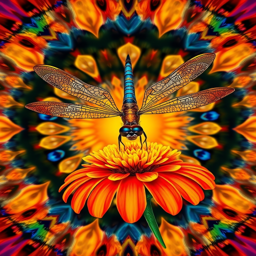 Ketubah kaleidoscope painting style of a dragonfly perched on a gaillardia flower