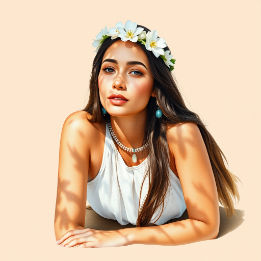create a watercolor painting of an ethereal portrait of beautiful Guarani woman with a simple white flower crown on her head. Her hair is long and she is lying on the ground. The sunlight on the trees casts shadows from the leaves on her face and body. The background is a neutral brown color that matches her skin tone. The image is minimalist and solid colors. This style is characterized by soft, delicate brushstrokes and a light, airy, contrasting color palette. High level of detail and play of light