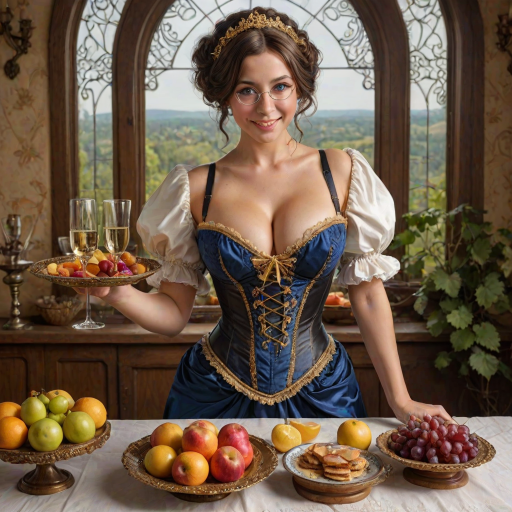 intricate details, masterpiece, best quality full body photo of insanely sensual woman, textured skin, blue eyes, (large natural breasts:1.1), cleavage, (holding a golden platter with grapes, apples, lemon, orange slice:1.1), glasses of champagne, glasses of wines, tan lines, smiling, victorian, corset, tail, black hair, bread, breasts, brown hair, candle, cleavage, dress, fire, food, gloves, grapes, indoors, large breasts, lips, looking at viewer, maid, maid headdress,  pancake, puffy sleeves,  short hair, solo, table,  window