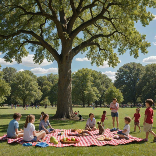 Low-resolution snapshot of a family picnic in the park, large oak tree providing shade, a red-checkered blanket spread out with sandwiches and fruit, children running in the background, a frisbee mid-air, a dog chasing after it, blue sky with fluffy clouds above.