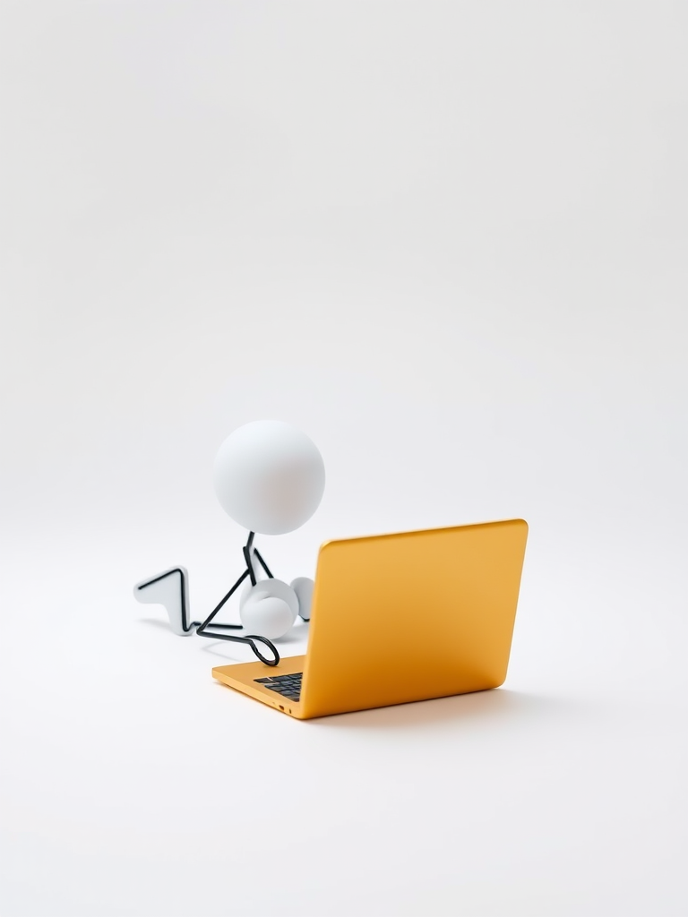 Create an image of a 3D stick figure lying on its stomach, using a golden laptop, in a minimalist style with a white background, captured with a Canon EOS R5 at f/2.8 aperture, 50mm lens, ISO 100 for sharp focus and optimal lighting.