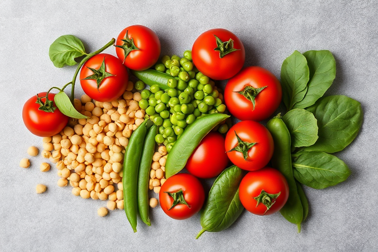 A vibrant arrangement of fresh vegetables including tomatoes, green peas, chickpeas, and spinach on a textured gray backdrop, captured with a Canon EOS 5D Mark IV, 50mm lens, f/2.8 aperture, and natural lighting.
