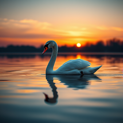 Generate a high-resolution image of a graceful swan gliding on calm water at sunset with a shallow depth of field, using a Canon EOS R5 camera, 85mm lens, aperture f/2.8, ISO 100, and a shutter speed of 1/200 sec.