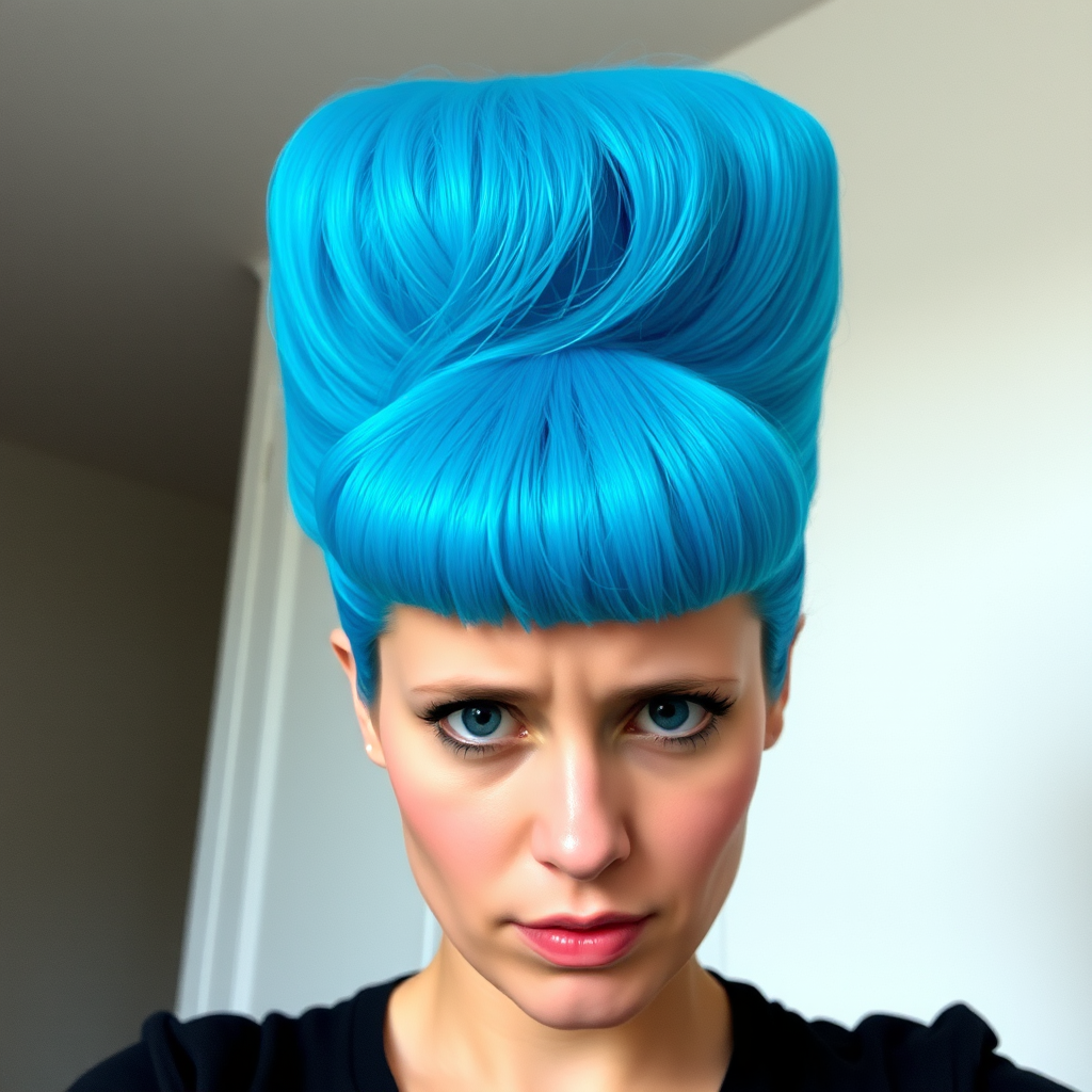 Image of a woman with their hair styled upright,  in a cylinder shape. The hair  color is neon blue and appears to be held in place by a hair product, giving it a fluffy texture. The background is nondescript, and the person's face is looking at the viewer nervously.