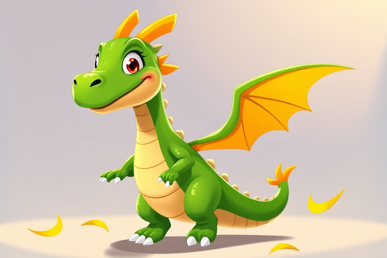 Create a vibrant illustration of a friendly green cartoon dragon with yellow accents, capturing the character standing in a playful pose, using a 50mm lens, f/2.8 aperture, soft sunlight from the left, and a high-resolution digital camera.