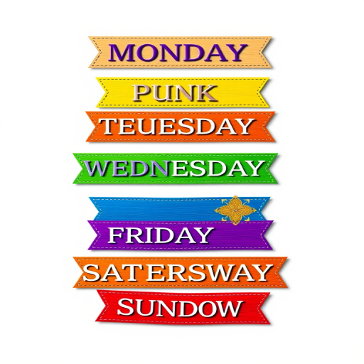 Create a colorful digital illustration of seven decorative banners for each day of the week, arranged vertically, using vibrant colors for each day: yellow for Monday, pink for Tuesday, green for Wednesday, orange for Thursday, blue for Friday, purple for Saturday, and red for Sunday, with bold white text on each banner, shot with a Canon EOS R5 at f/2.8, 1/250s, ISO 100, in a clean, bright studio setting to ensure high clarity and color saturation.