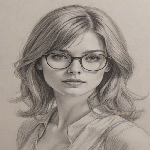 Comely Hannah Arterton, pencil sketch, portrait of Enticing woman 1975s in glasses, hair style beatnik, outline, clear lines, fine lines, 8k