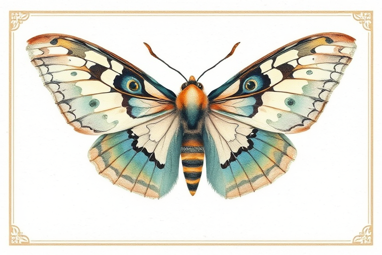 Create a delicate watercolor illustration of a large moth with intricate patterns and soft colors, set against a light textured background with vintage borders, using a Canon EOS R5 with a 50mm f/1.2 lens, aperture set at f/2.8, and soft natural lighting to enhance details and colors.