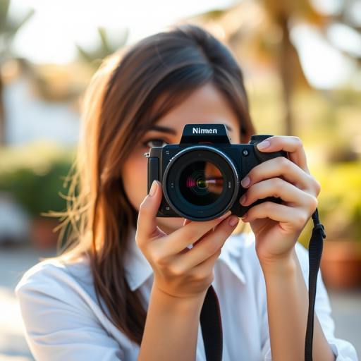 A young woman in a white shirt taking a photo with a camera in a sunny outdoor setting, blurred background, natural light, aperture f/2.8, shutter speed 1/200, ISO 100, portrait view, DSLR camera, soft focus effect.