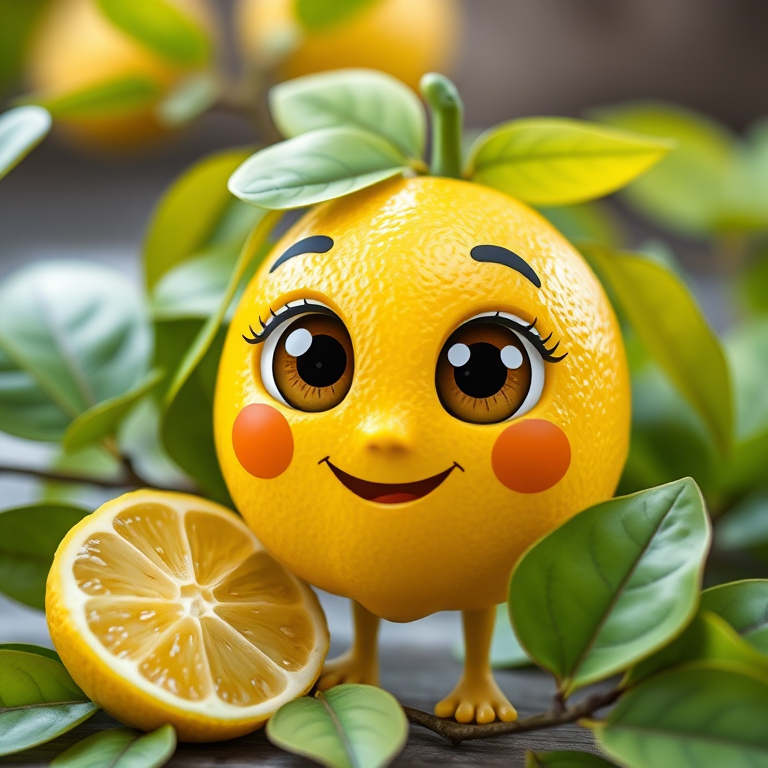 Create a cute cartoon lemon character with large expressive eyes, smiling, surrounded by vibrant green leaves and a slice of lemon, high resolution, 50mm lens, f/2.8 aperture, soft focus background, shot from eye level using a digital SLR camera.