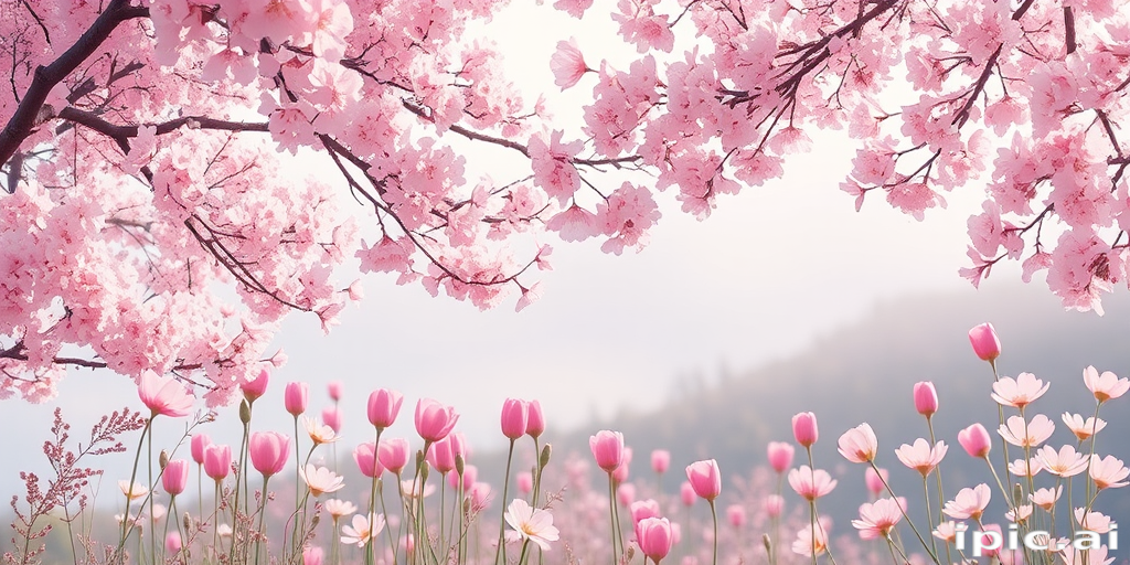 A Serene Spring Landscape Featuring Cherry Blossoms and Colorful Tulips.