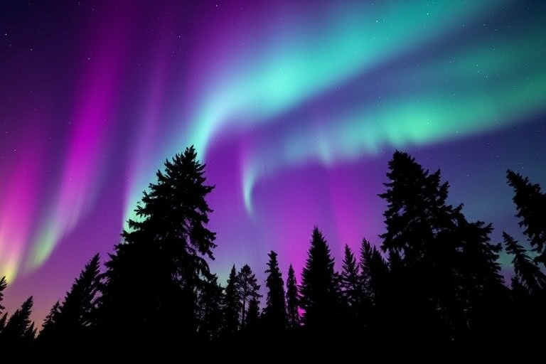 Capture a vibrant aurora borealis scene with deep purples and greens lighting up the night sky over silhouetted trees, using a DSLR camera with a 24mm wide-angle lens, ISO 800, aperture f/2.8, shutter speed 10 seconds, in manual focus mode, during twilight for enhanced detail and color richness.