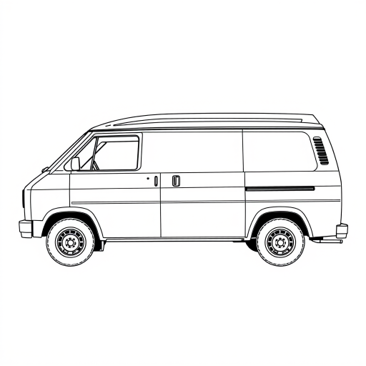 Create a high-resolution illustration of a side view of a van with detailed line art, using a DSLR camera with a 50mm lens, aperture set to f/1.8, ISO 100, and a slight vignette effect to enhance image quality.