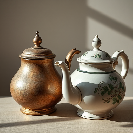 Create a high-resolution image of two vintage teapots side by side with intricate detailing and shadows, captured using a DSLR camera at f/4 aperture, 50mm focal length, ISO 100, and in natural light for enhanced clarity.