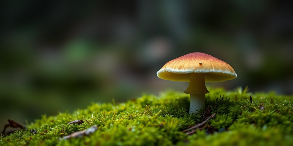 A close-up shot of a mushroom growing on moss in a forest, taken with a DSLR camera using a 50mm lens at f/1.8, ISO 200, shutter speed of 1/200 sec, natural lighting, with a shallow depth of field to highlight the mushroom against a blurred dark background.