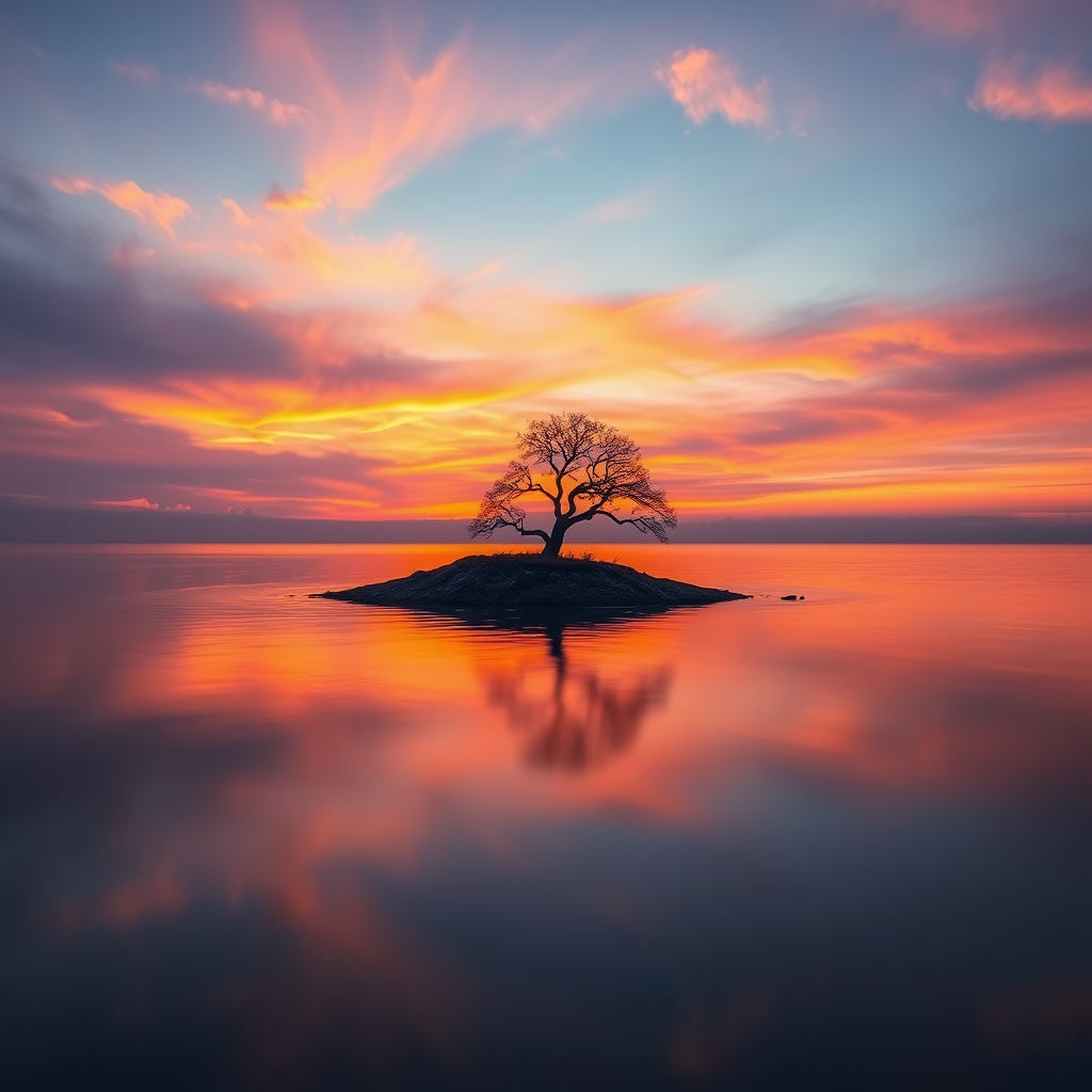 Generate a serene landscape depicting a solitary tree on an island surrounded by reflective water, during sunset, with vibrant orange and subtle purple hues in the sky, using a Canon EOS R5 camera with a 50mm lens, f/1.8 aperture, ISO 100, shutter speed 1/200s, shot from a low angle to emphasize the tree's silhouette against the horizon and create a soft bokeh effect in the background.