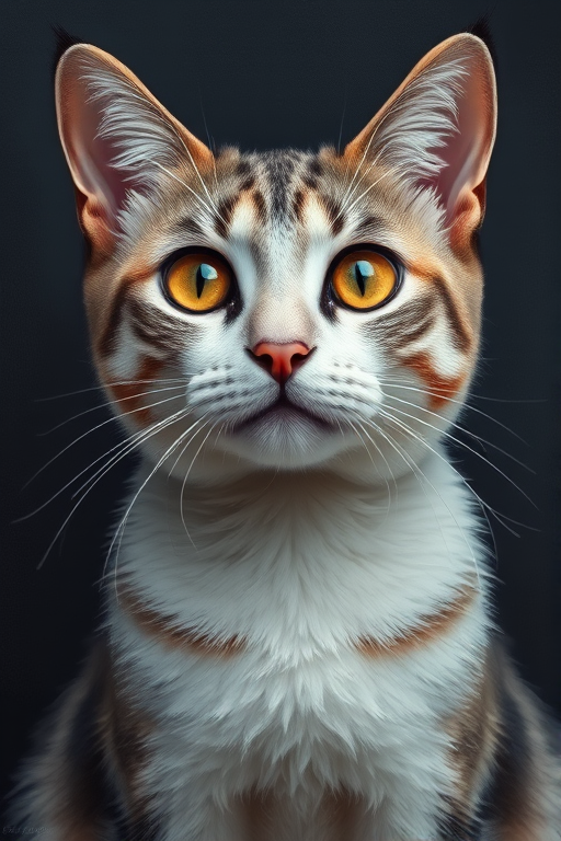 Create a high-resolution digital painting of a cat with striking golden eyes and a white and gray coat, set against a dark textured background, using a soft focus lens with a shallow depth of field, camera settings at f/2.8, ISO 100, 1/125 sec, shot from a frontal view with a DSLR camera style for enhanced detail and contrast.