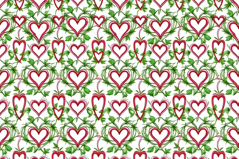 Create a seamless pattern of intertwined foliage and heart shapes arranged in a visually appealing, repetitive design, captured with a 50mm lens at f/8, ISO 200, in natural light, using a digital DSLR camera from a top-down view to enhance image clarity and detail.