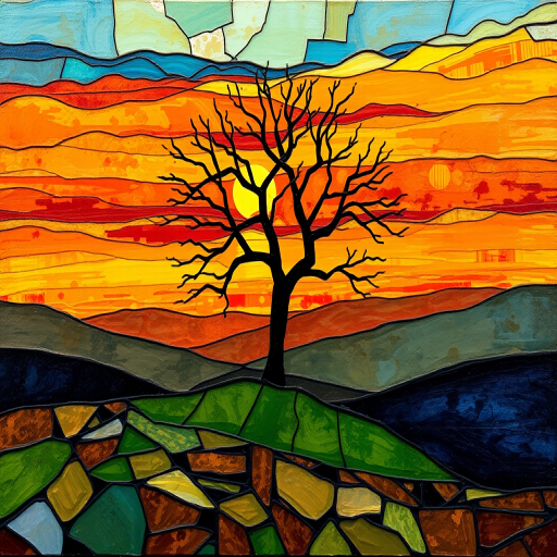 A vibrant abstract painting on Tiffany Glass, blending acrylic and alcohol ink techniques, captures a dramatic sunset over rolling hills. The artwork features a textured, rocky foreground in green and brown, layered abstract hills, and a striking sunset in rich oranges, yellows, and reds. A solitary black tree with intricate branches contrasts against the fiery sky, creating a dynamic and expressive portrayal of a breathtaking natural scene.