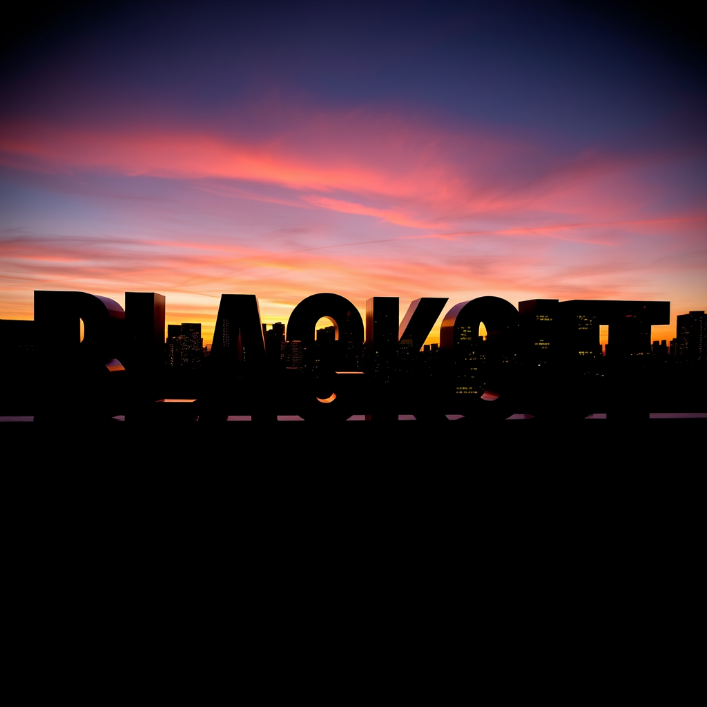 Create an image of the word "BLACKOUT" with a sunset city skyline reflected in the letters, using a DSLR camera with a 50mm lens, f/1.8 aperture, 1/100s shutter speed, ISO 100, in a low light setting with a slight vignette effect.