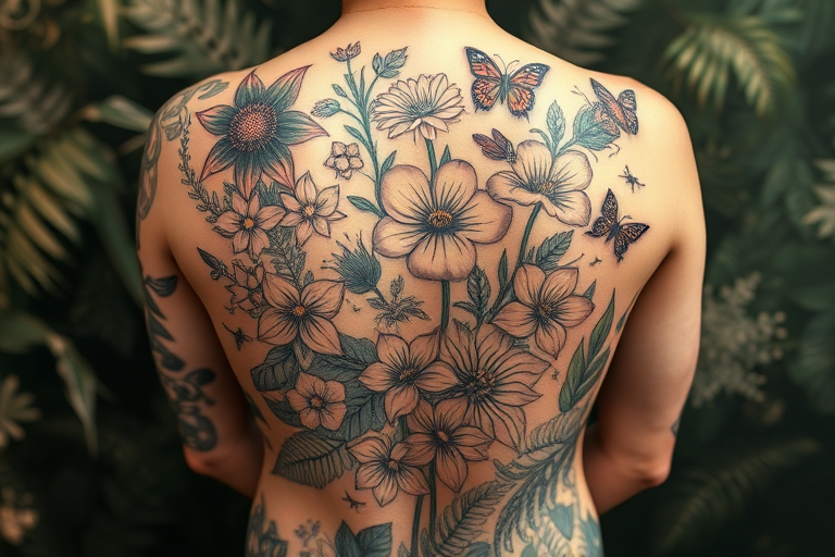 Enchanting botanical tattoo covering the entire back, showcasing a lush garden scene with detailed flowers, leaves, and insects, employing a combination of fine lines and soft coloring for a realistic effect
