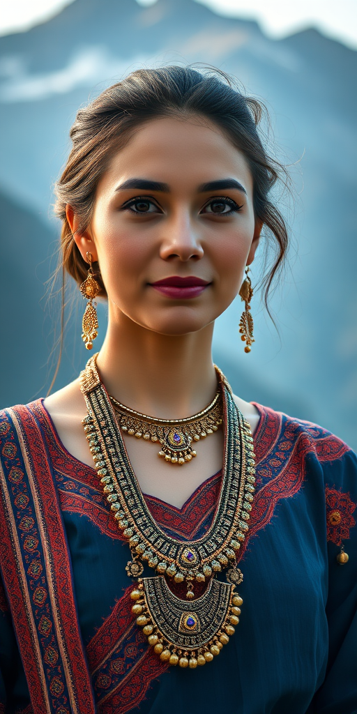 portrait of a woman in traditional attire with intricate jewelry against a mountainous backdrop, soft natural lighting, f/2.8 aperture, 50mm lens, shallow depth of field, DSLR camera, golden hour style