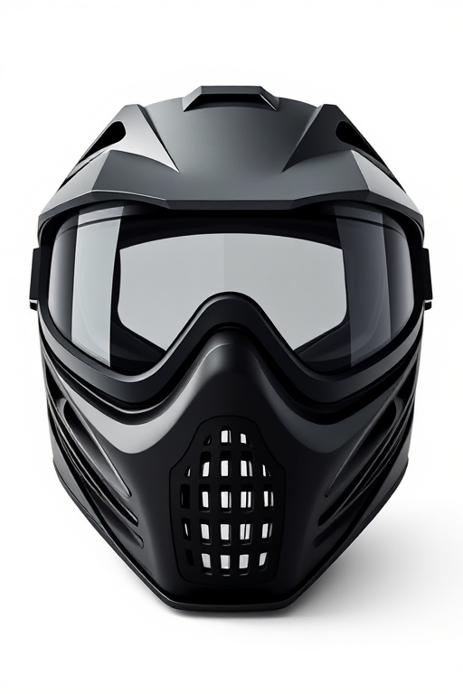 Create a high-resolution illustration of a paintball mask with a sleek black design, capturing a frontal view, using a Canon EOS R5 camera, 50mm lens, aperture f/2.8, ISO 100, and soft diffused lighting for depth and clarity.