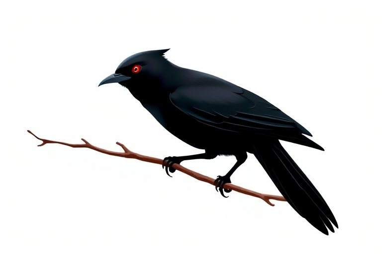 create a digital illustration of a black bird with red eyes perched on a slender branch, featuring a smooth and glossy appearance with a simple white background