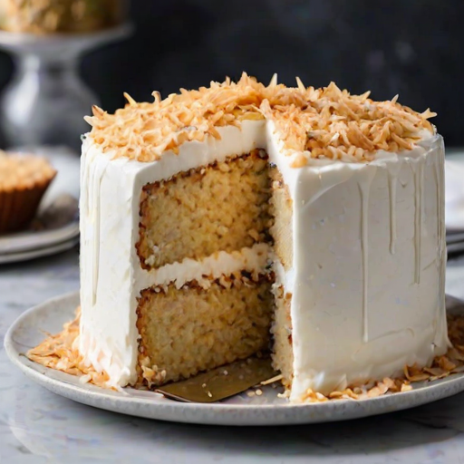 Generate an image of a delicious coconut cake with a fluffy white frosting and topped with toasted coconut flakes. The cake should be shown on a marble cake stand with a slice cut out, revealing its moist layers. The background should be dark to highlight the cake's vibrant colors. Include a small plate and a butter knife beside the cake for added detail.
